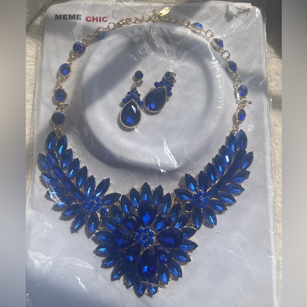 Beautiful CZ blue gemstone jewelry set- necklace and earrings